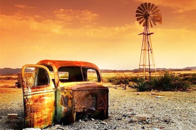 DE127 Wall décor art photographic on canvas landscape rusted pickup cab and windmill
